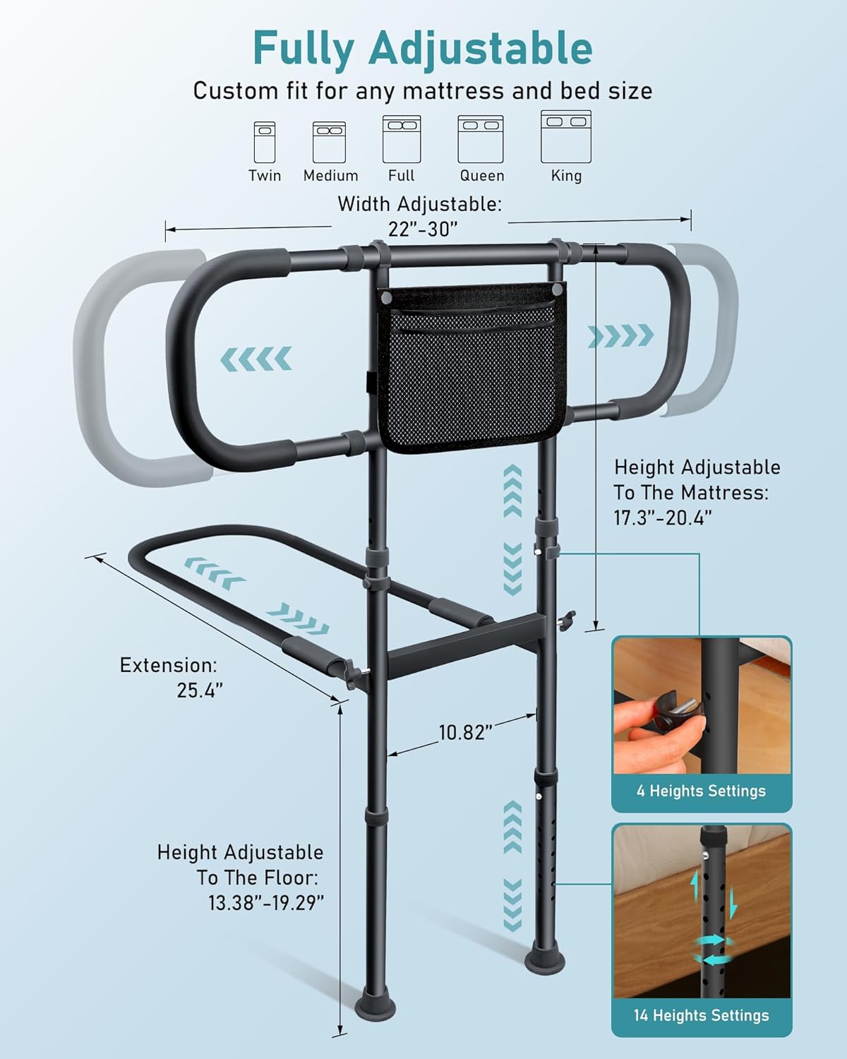 AMOVO Bed Rails for Elderly Adults Safety Bed Guard Rails for Seniors Extended Handle Bed Assist Rail with Storage Pouch, Stable Bedside Cane Support Bar Grab, Fit King Queen Full Twin