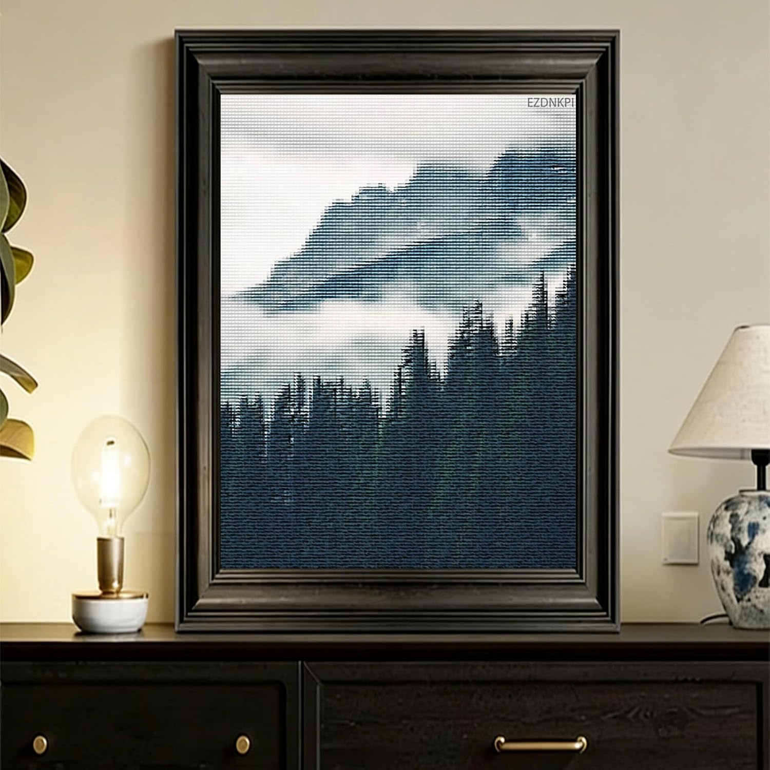 EZDNKPI Stamped Cross Stitch Kits, Beginners Full Range of Embroidery, Mountain, Blue, Winter Decor, Forest Wall, Foggy Forest, Landscape, 11CT, 12x16 inch image 3