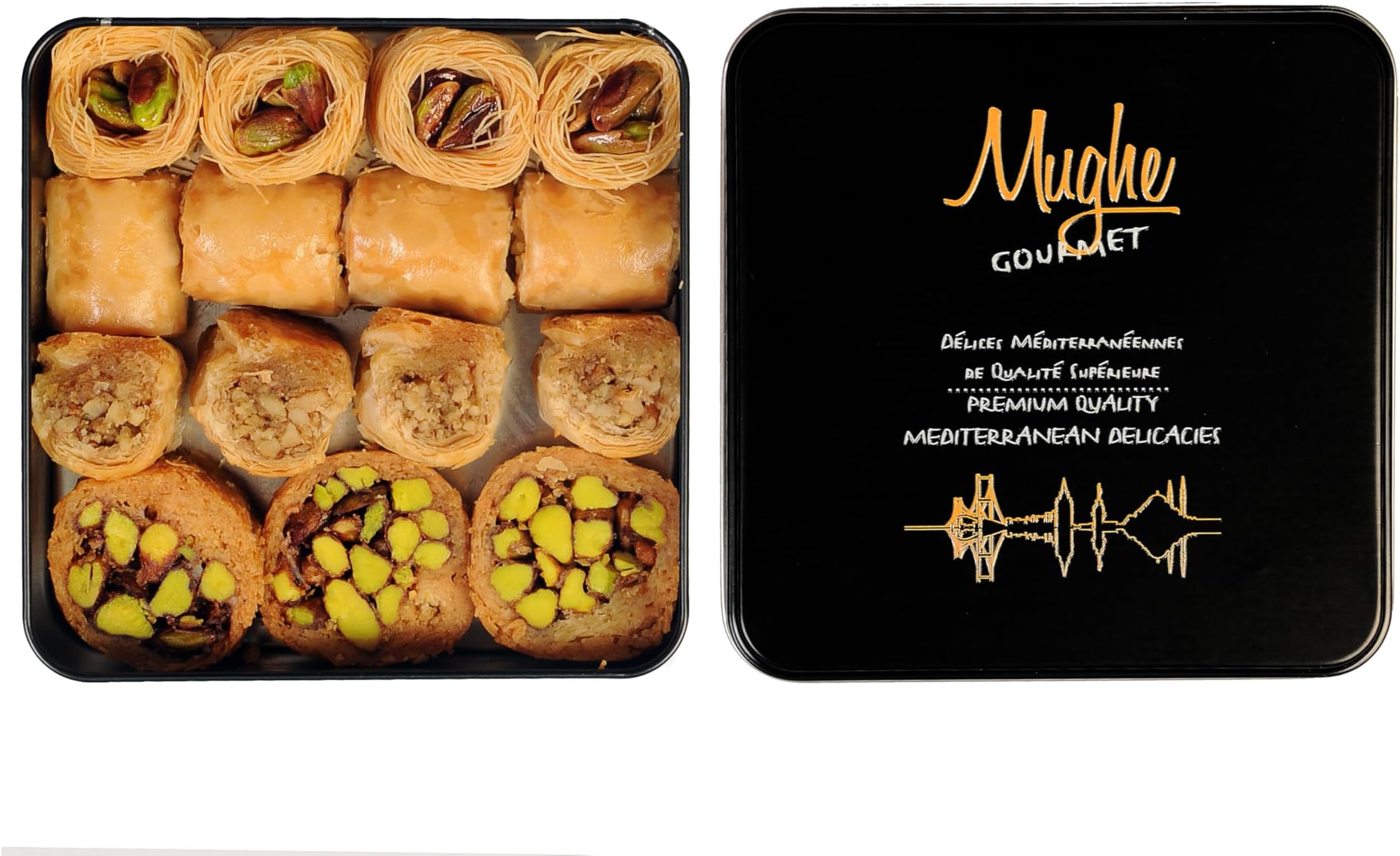 Mughe Gourmet Baklava Assortment Elegant Gift Box - Small Bite-Size Desserts Gifts - 9oz/250g - Perfect for Birthday, Christmas, Eid, Father's Day and More