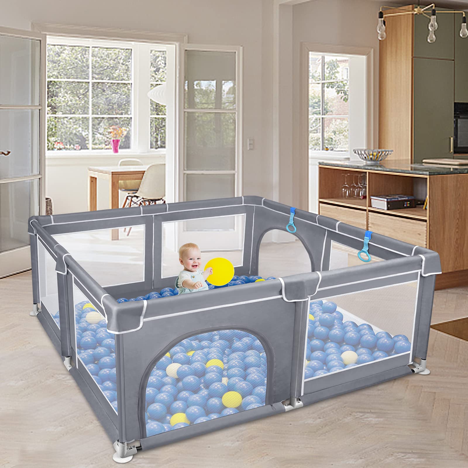 ACXIN Laufstall Baby Laufgitter 127x127x68cm mit Rutschfester Basis und Atmungsaktivem Netz, Stabiler Absperrgitter Aktivitätszentrum für Kinder, Grau