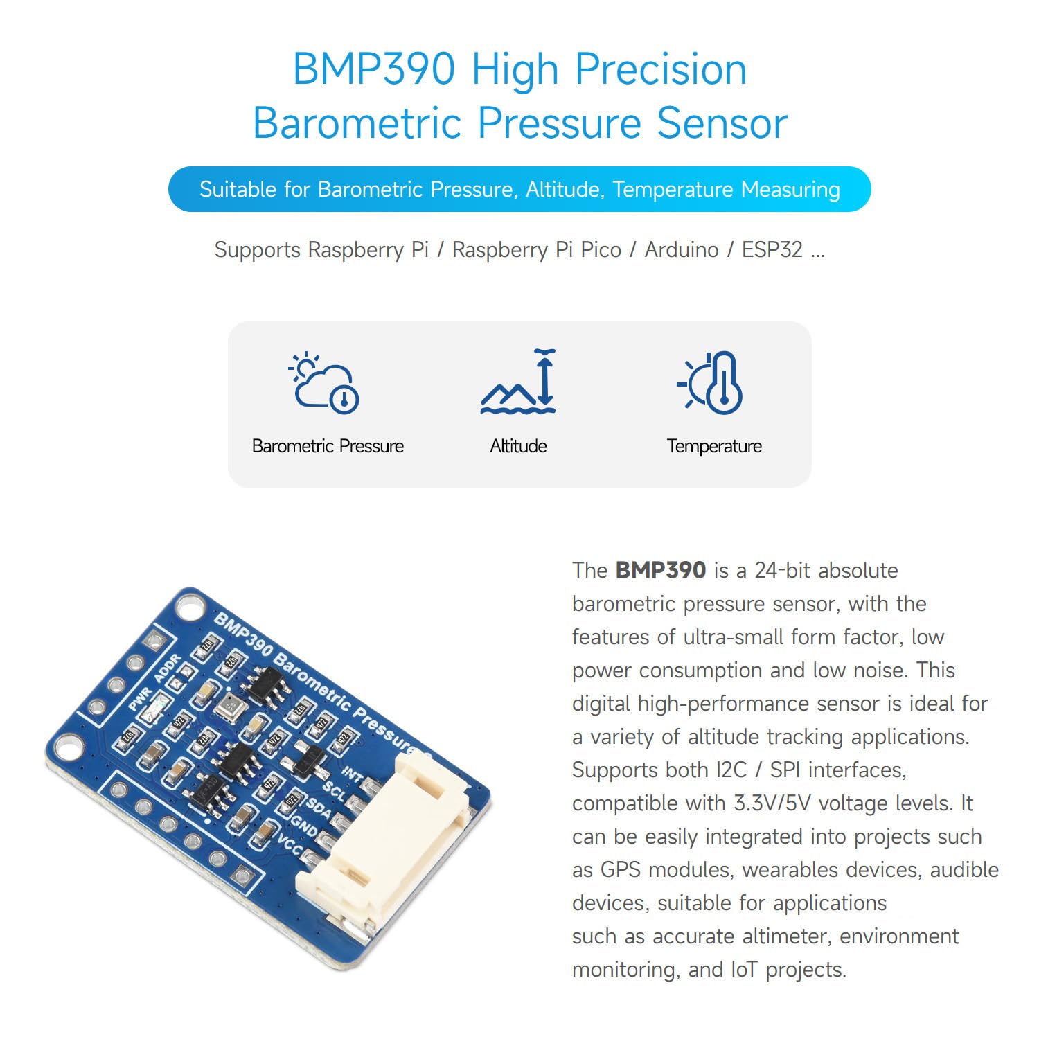 Waveshare BMP390 High-Precision Barometric Pressure Sensor, Barometric Pressure/Altitude/Temperature Measuring, Low-Power Consumption, for Altitude Tracking, for Raspberry Pi/Pico / ESP32