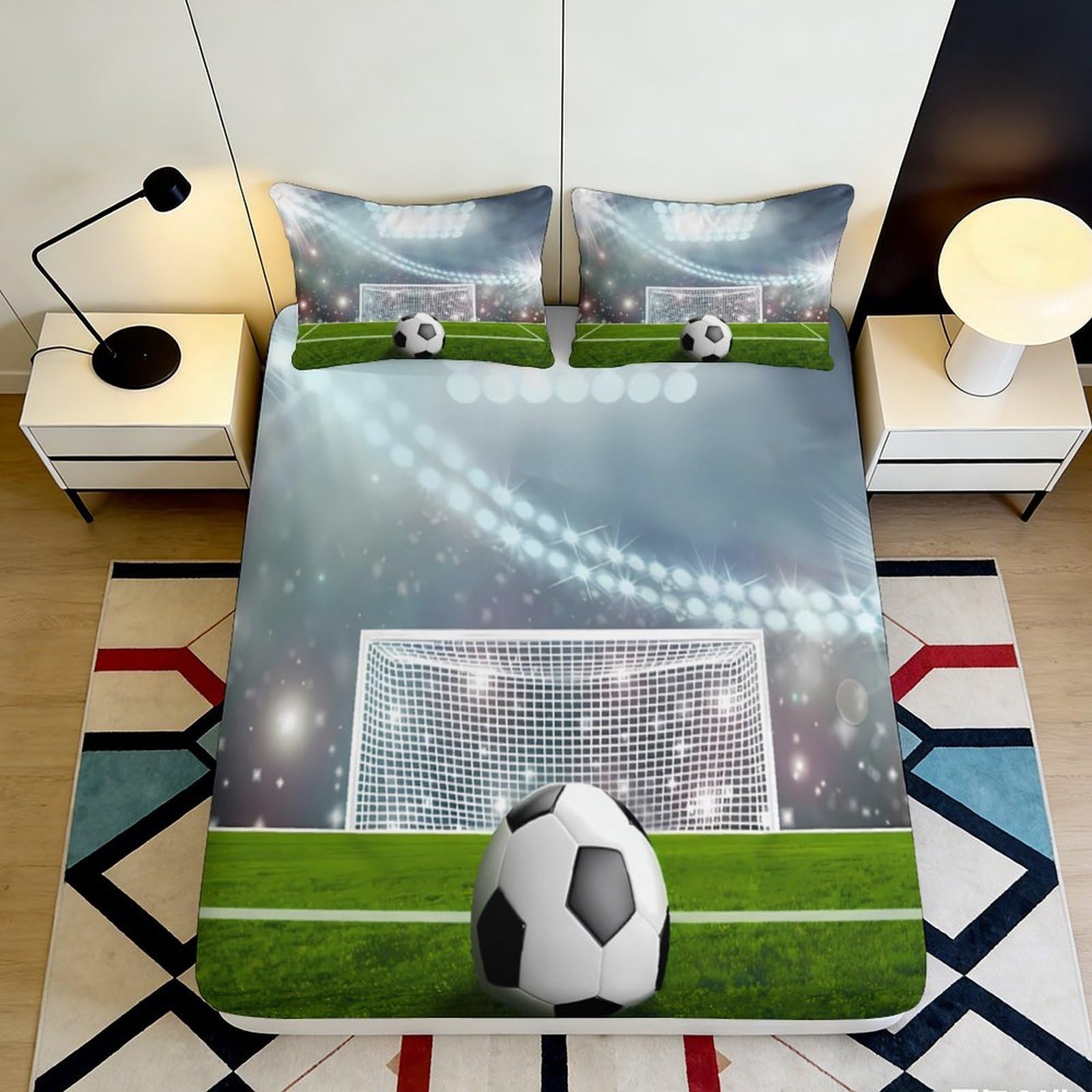 3D Printed Football Stadium Fitted Sheet Microfiber Soft Non-Slip Soccer Goal Mattress Cover for Bedroom Dorm Decor 160x200x25cm