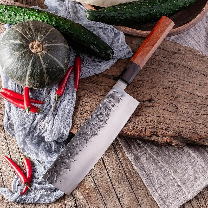 Meat Cleaver,Cleaver Knife 7 Inch Nakiri Knife Wood Handle 7Cr17MoV Steel Blade Sharp Slicing Chef Cleaver Handmade Forged Hammering Kitchen Knives Cooking Tools
