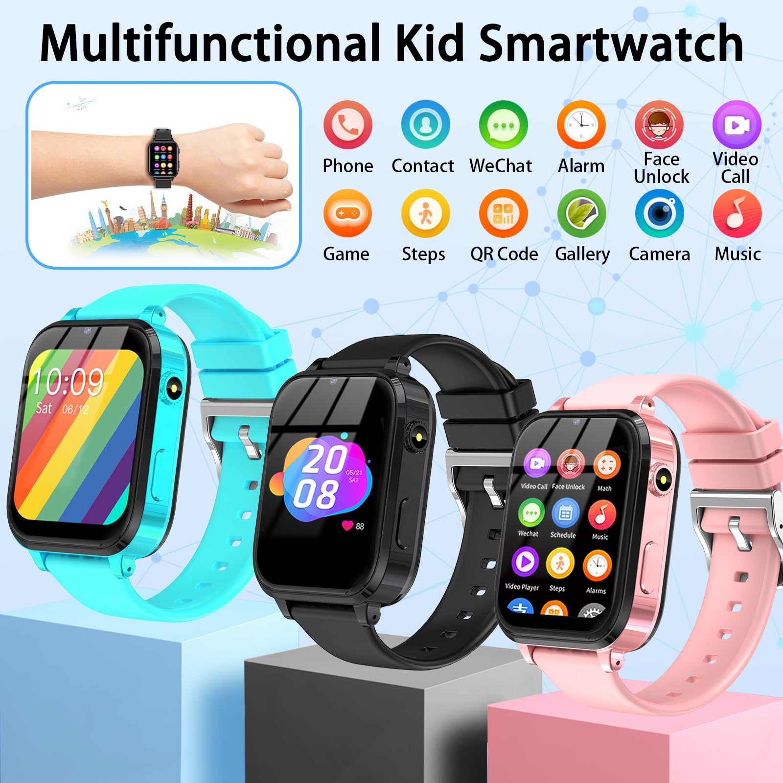 LITEYPP Smartwatch voor kinderen, 4G kindersmartwatch met GPS en telefoon, kinderhorloges, wifi, SOS, wekker, schoolmodus, waterdicht, cadeau voor jongens en meisjes, polshorloge kinderen jongens