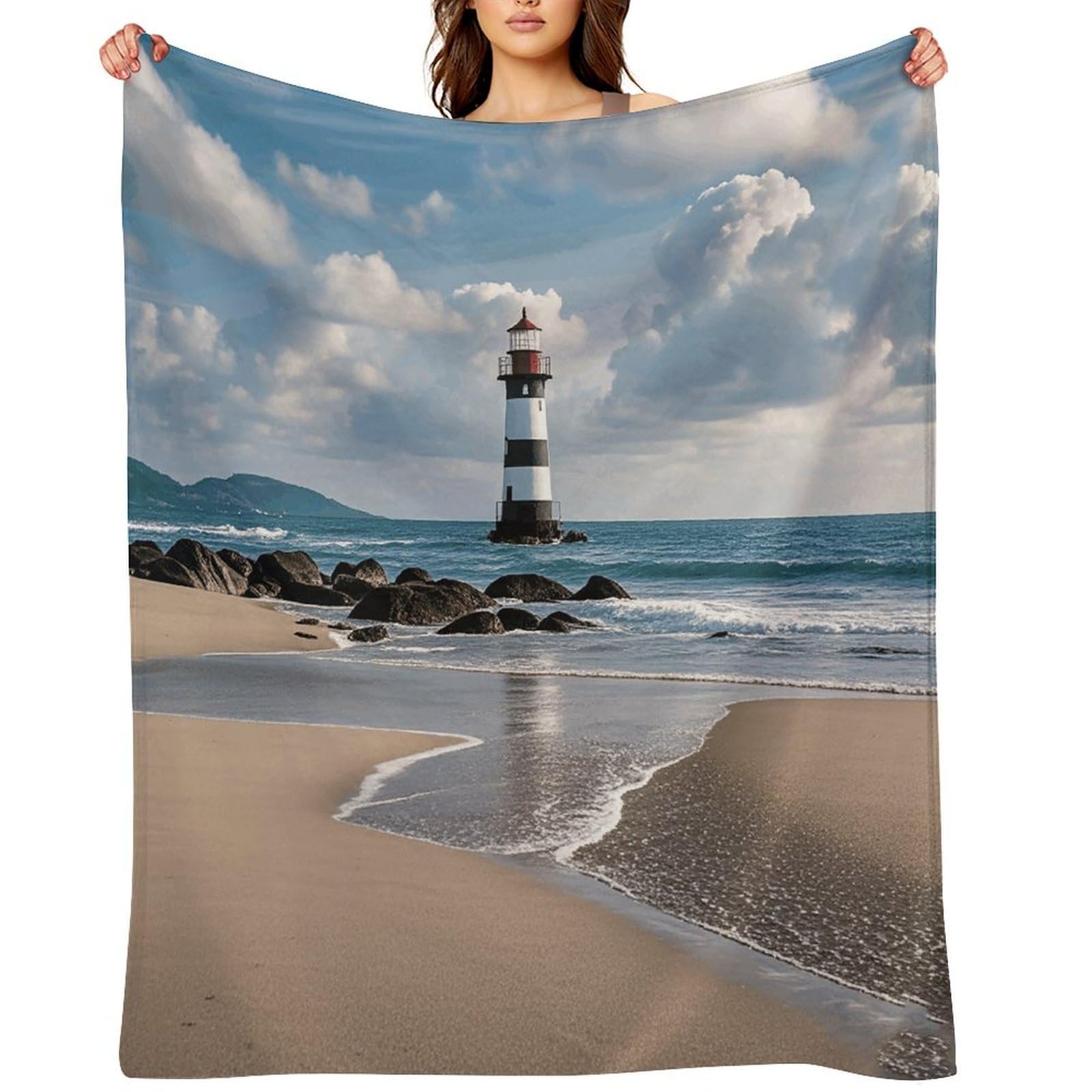 Sea Lighthouse Sandbeach Throw Blanket for Couch and Bed Super Soft Warm Lightweight Throw Blankets Cozy Fuzzy Flannel Blanket Personalized Decorative Blankets for Sofa Decor 50"x60"