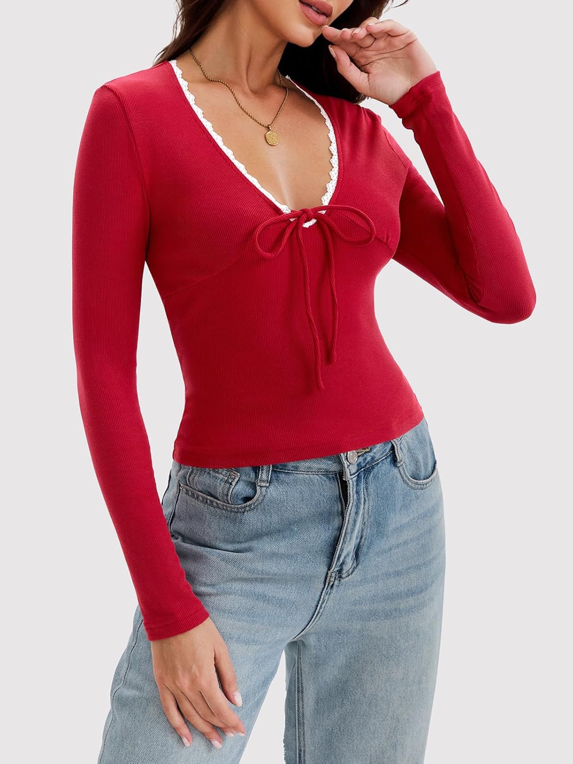Women's Lace Trim Bow V Neck Long Sleeve Top Sexy Ribbed Knit Slim Going Out T Shirts - Image 6