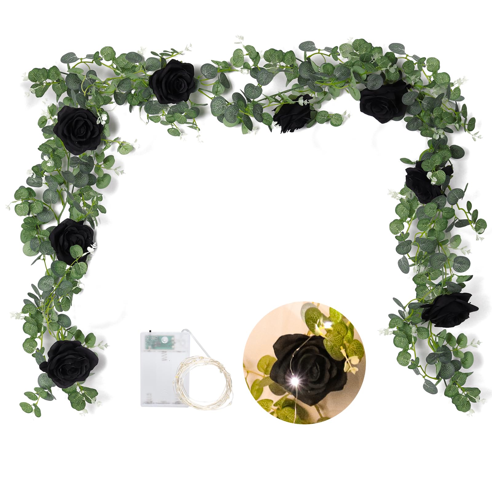 RECUTMSArtificial Rose Garland Silk Peony Flower Vine with Eucalyptus Leaves 5.9FT Faux Hanging Floral Ivy with 30LED Fairy Light for Valentine's Day Wedding Party Garden Indoor Outdoor Décor(Black)
