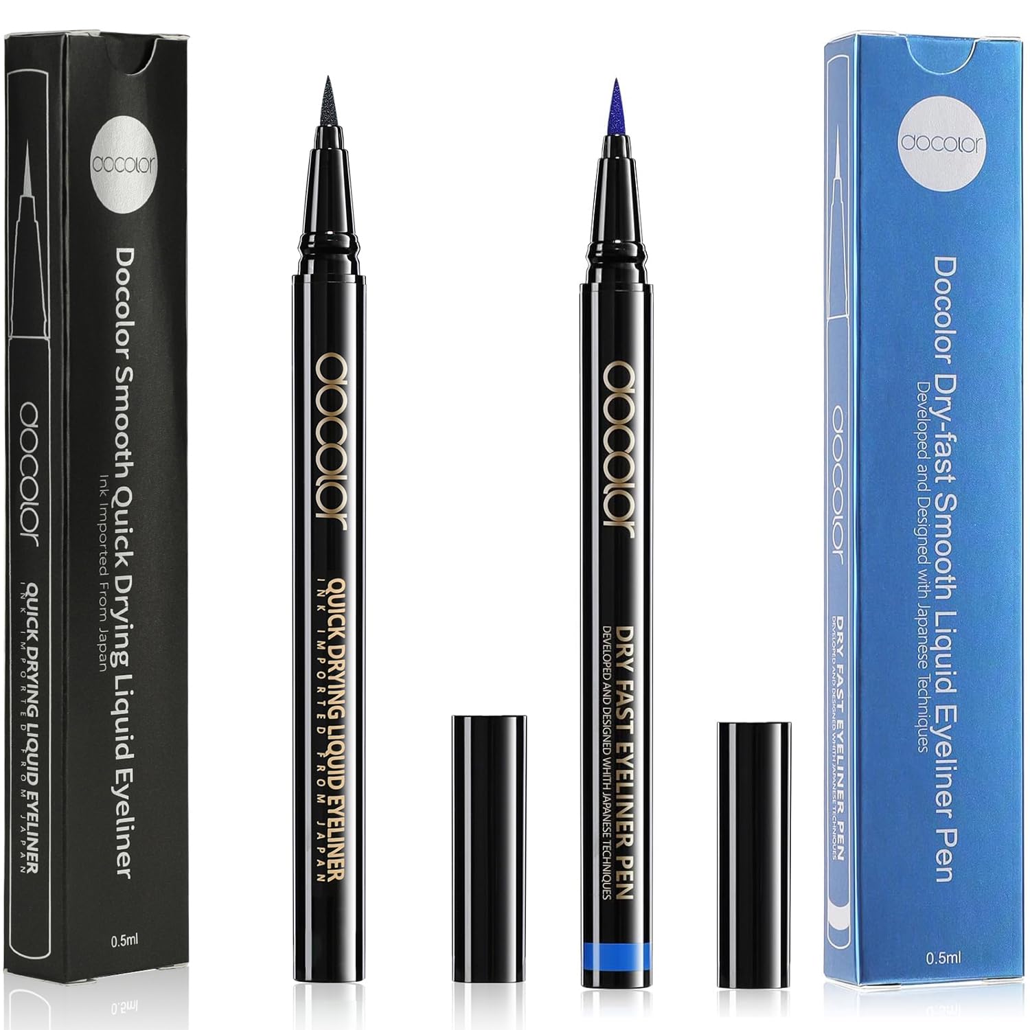 docolor Waterproof Eyeliner Pen Super Slim Precise All Day Eye Liner Gel (Black & Blue, 2PCS)