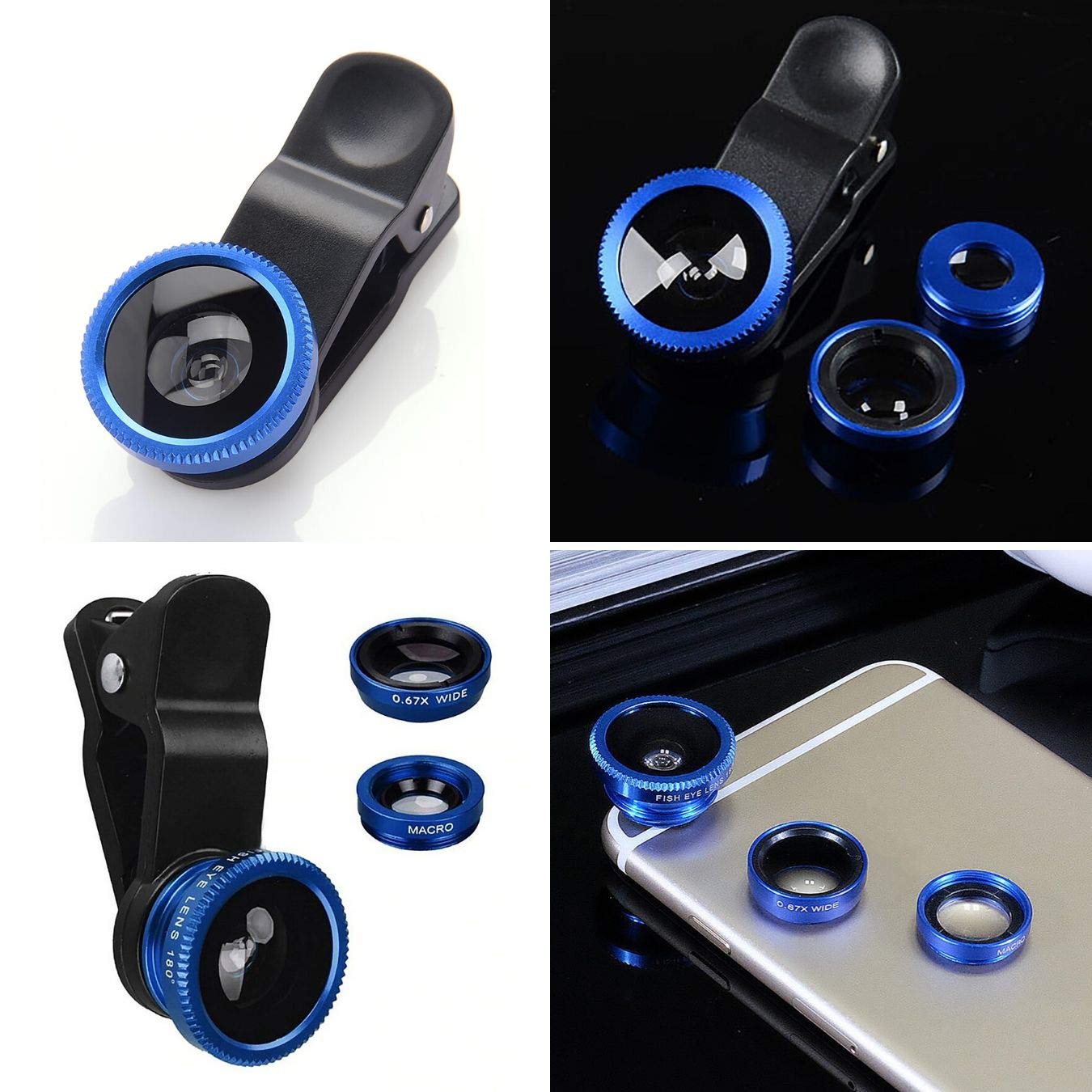 Zestaw obiektywów 3 w 1 do telefonu komórkowego, adapter do aparatu fotograficznego do smartfonów – obiektyw rybie oko (soczewka rybie oko 180°) + szeroki kąt (0,67 x szerokość) + obiektyw makro (10