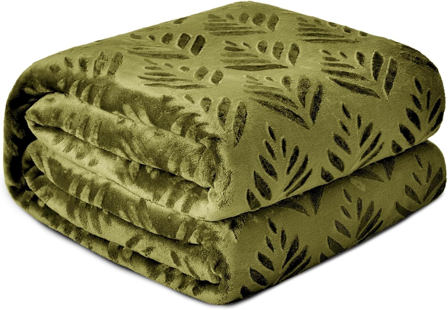 Exclusivo Mezcla Twin Size Fleece Blanket for Bed, Super Soft and Cozy Blankets All Season Use, Leaves Pattern, Plush Fuzzy Lightweight, Olive Green, 60x80 Inch