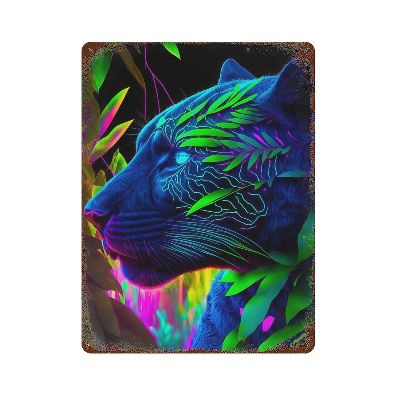 Neon Panther in Jungle 15.7"x11.8" Vintage Rust Metal Sign, Decorative Metal Wall Art for Living Room, Hallway And Home Decor