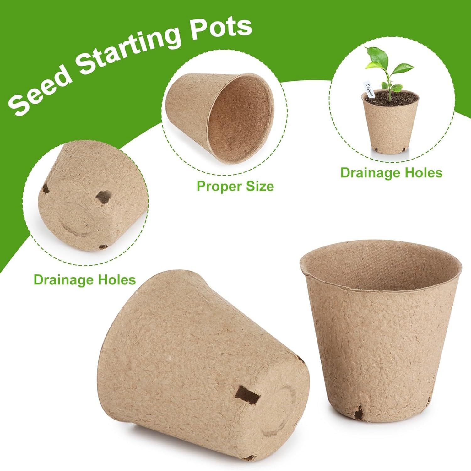 Lot de 130 pots de tourbe organique, pot de pépinière de 3,15 pouces, pots ronds pour semis de plantes avec trous de drainage, initiateur de graines
