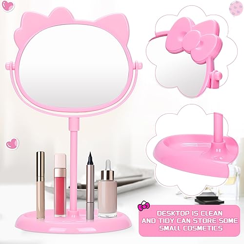 Miniatura 2 de Ocomuan Espejo de maquillaje de escritorio de gatito, bonito espejo compacto de gatito rosa con soporte de almacenamiento de maquillaje, adecuado