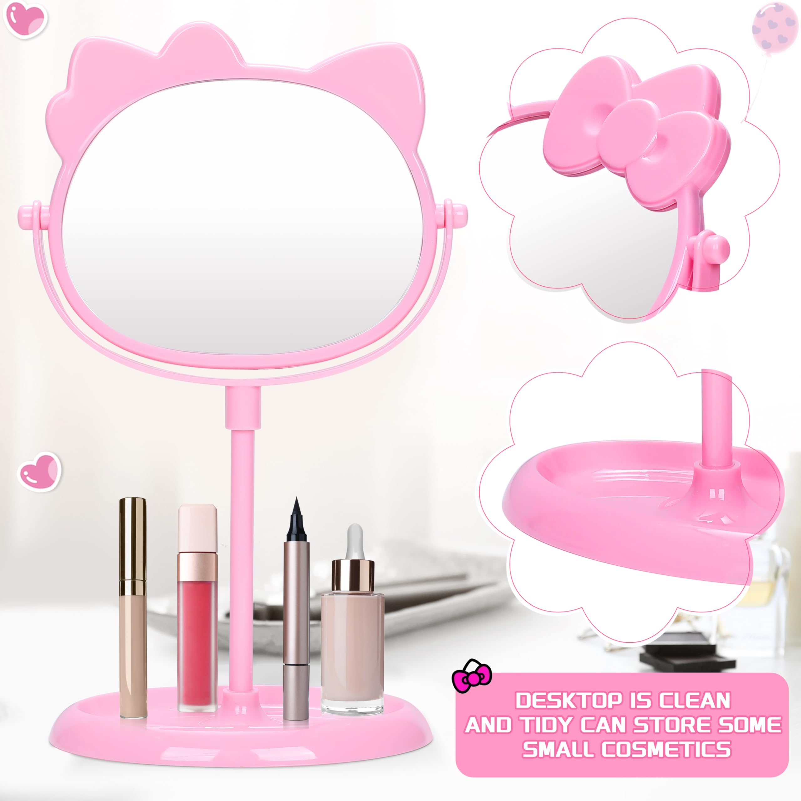 Specchietto Trucco Da Scrivania Rosa A Forma Di Cartone Animato - Con Base Organizer E Rotazione 180°, Regalo Per Ragazze