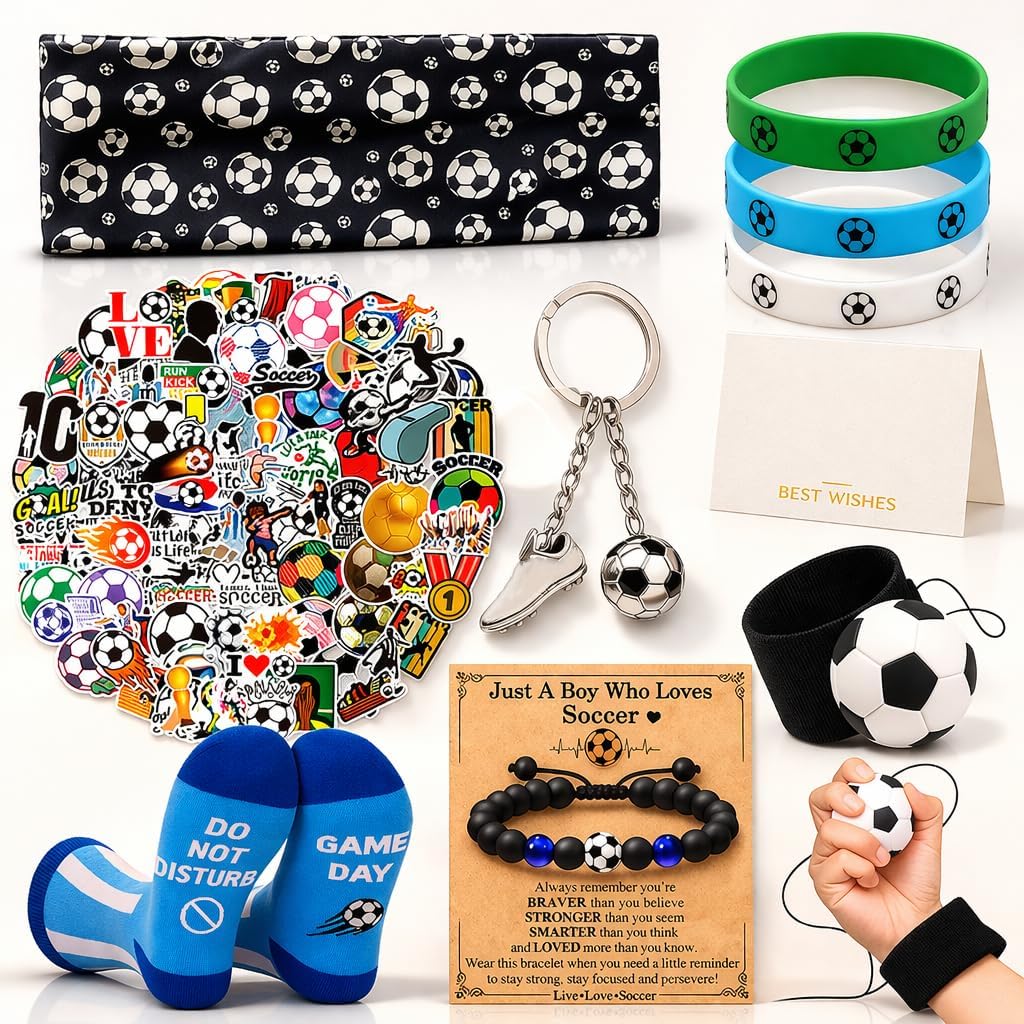 Soccer Gift Set for Boys, 10PCS Soccer Accessories Kit with Headband, Wristbands, 100PCS Stickers, Keychain, Game Day Socks, Bracelet, Wrist Ball, Soccer Fan Gifts for Birthday, Game Day