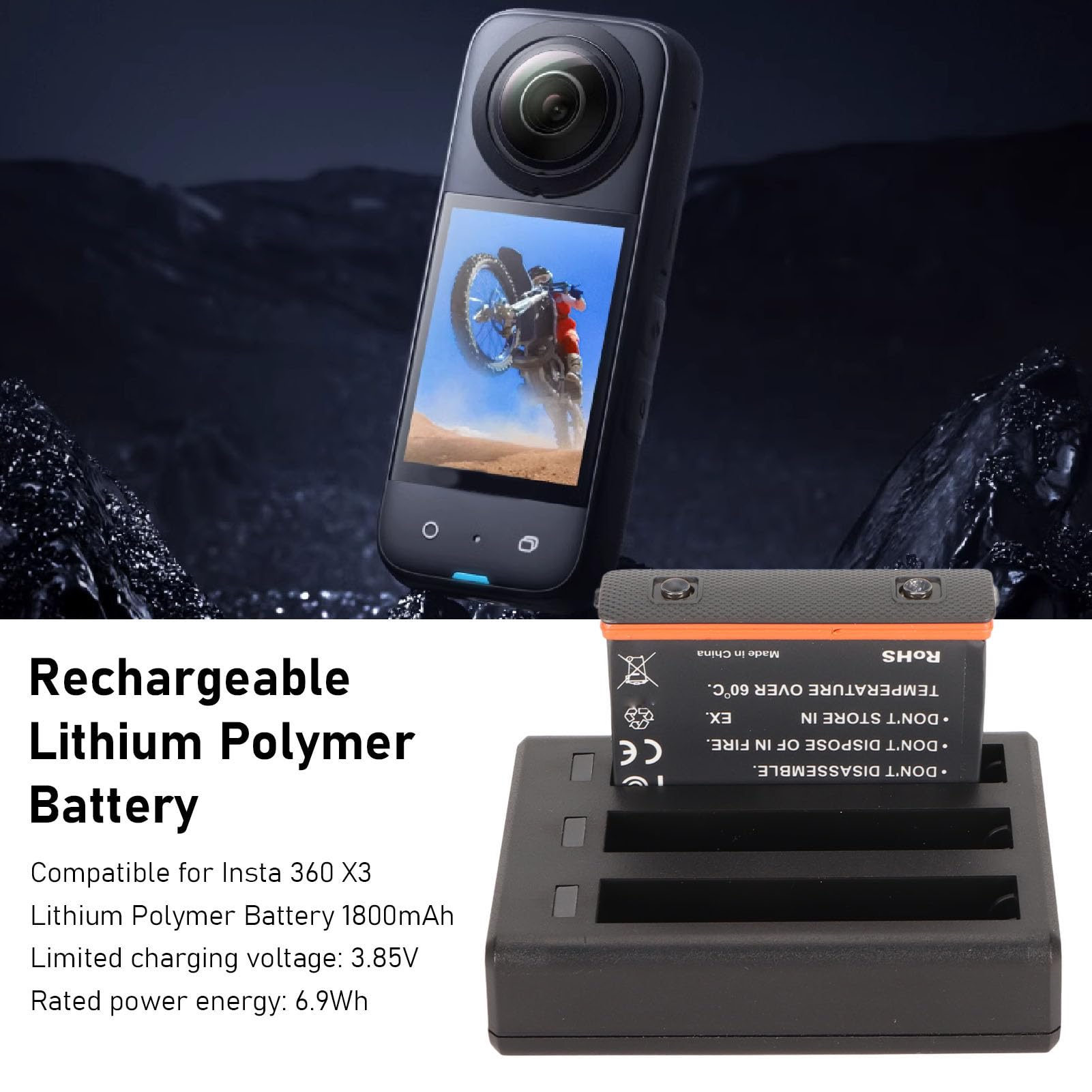 Caméra d'action Batterie, 1800mAh, Chargeur USB 3 Canaux, Câble
