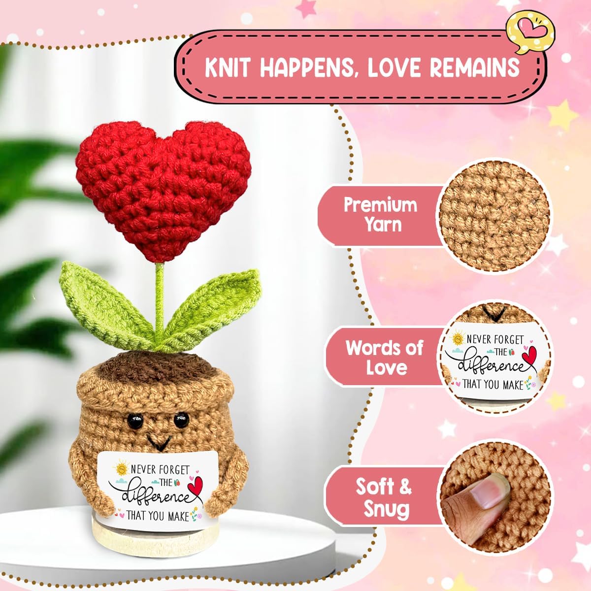 Valentine Day Mini Heart Flowers Crochet, Valentine Gifts for Him Her, Anniversary Birthday Gift for Wife Husband, Unique Valentine Day Decor for Coworkers Mom Friends - Image 3