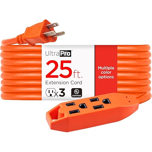 UltraPro 25 Ft Indoor Extension Cord 3 Outlet Extension Cords Outlet Power Strip Short Extension Cord with Multiple Outlets Grounded Heavy Duty Extension Cord 16 Gauge UL Listed Orange 51924