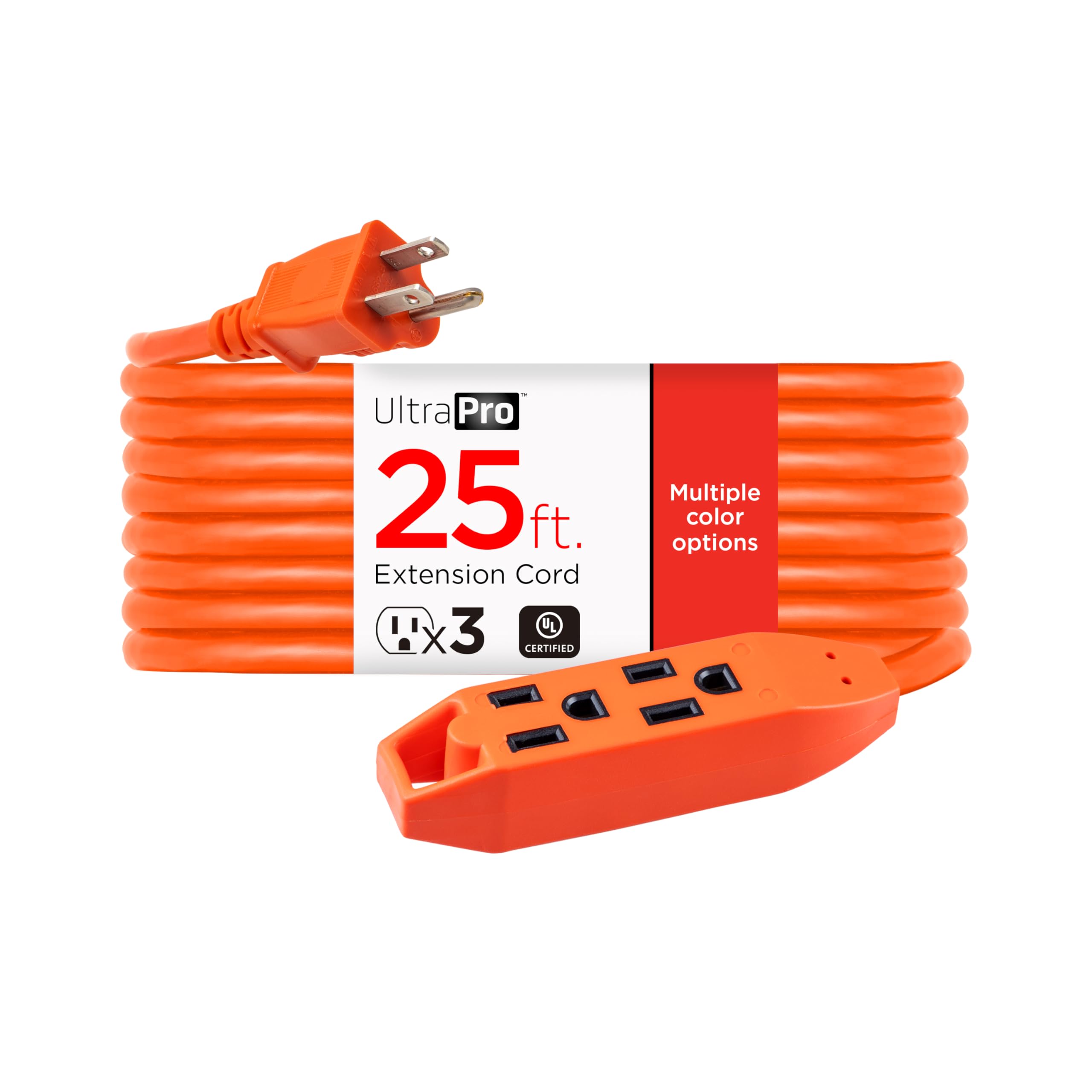 GE Cable de extensión de 25 pies, Resistente, 16 AWG, Uso en Interiores y Exteriores, Cable de alimentación extralargo, certificación UL, Naranja, 51924