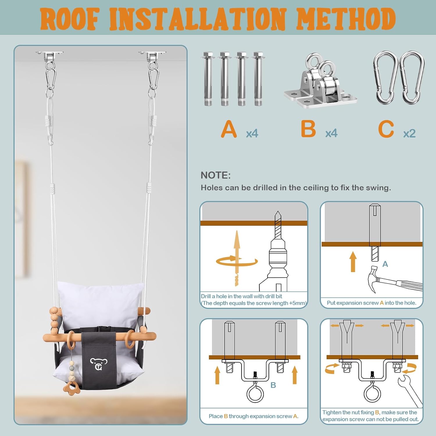 Talecogear Baby Swing – Outdoor & Indoor, Cozy Toddler Swing for Backyard, Hanging Swing Seat Chair, Cotton Canvas & Beech Wood Frame, Safety Harness, Mounting Hardware Included (Gray)