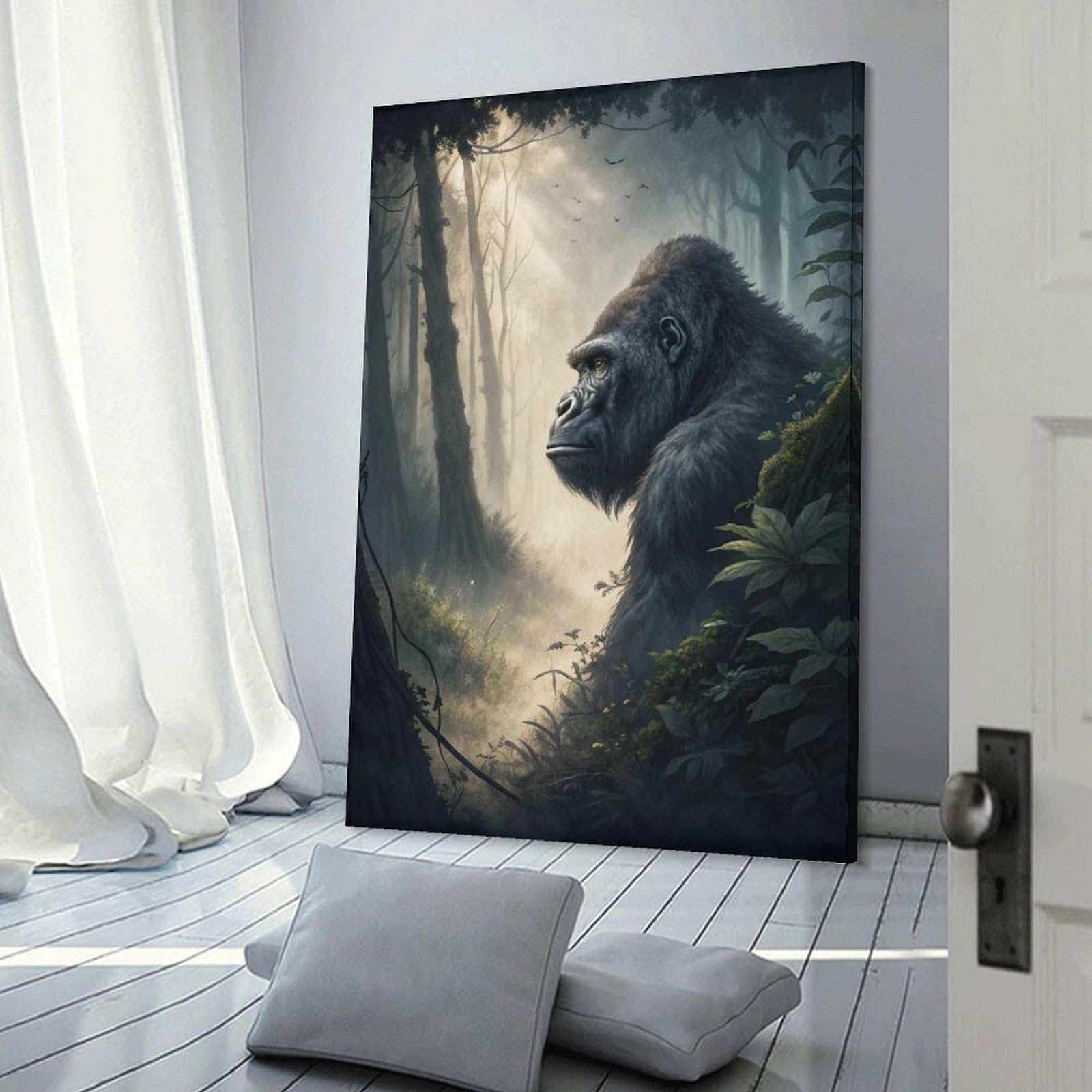 Junmoney Gorilla in A Misty Forest Canvas Art Print, 20x30inch(50x75cm), for Living Room, Bedroom, Office Or Hallway, Decorative Artwork with Broad Appeal