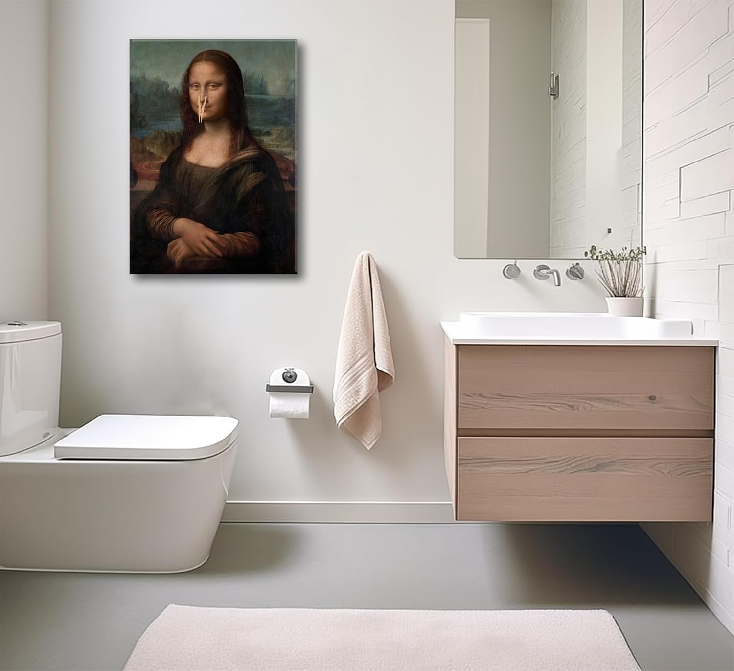 Framed Funny Bathroom Canvas Wall Art Vintage Mona Lisa Bathroom Paintings Pictures Wall Decor Toilet humor Pinching Nose Poster Printing Artwork for Bathroom Toilet Home Decoration - Image 4