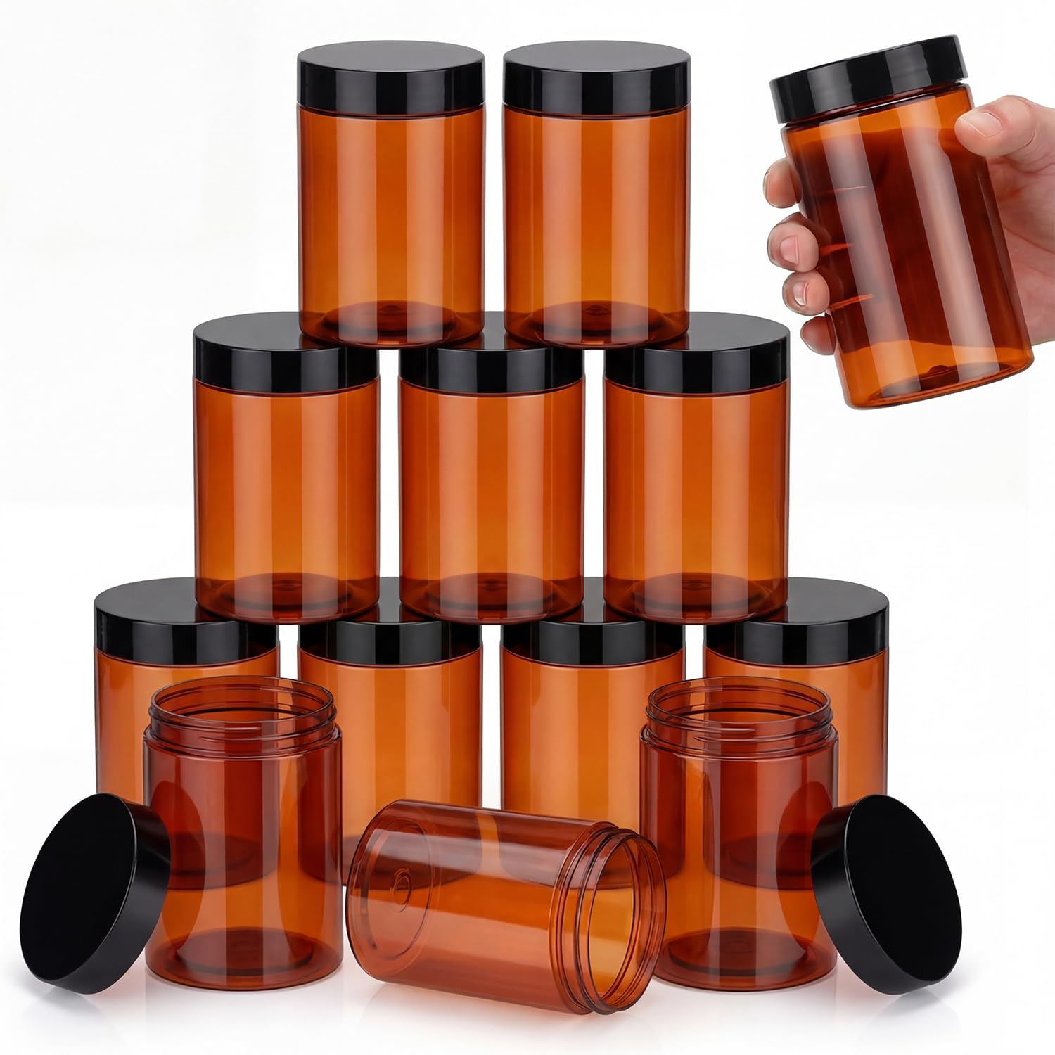 SATINIOR 12 Pack 10 oz Plastic Container Jars with Lids Round Clear Travel Cosmetic Container Slime Jars for Toiletries, Lotion, Cream, Ointments, Makeup, Rhinestone, Samples, Kitchen Storage(Amber)