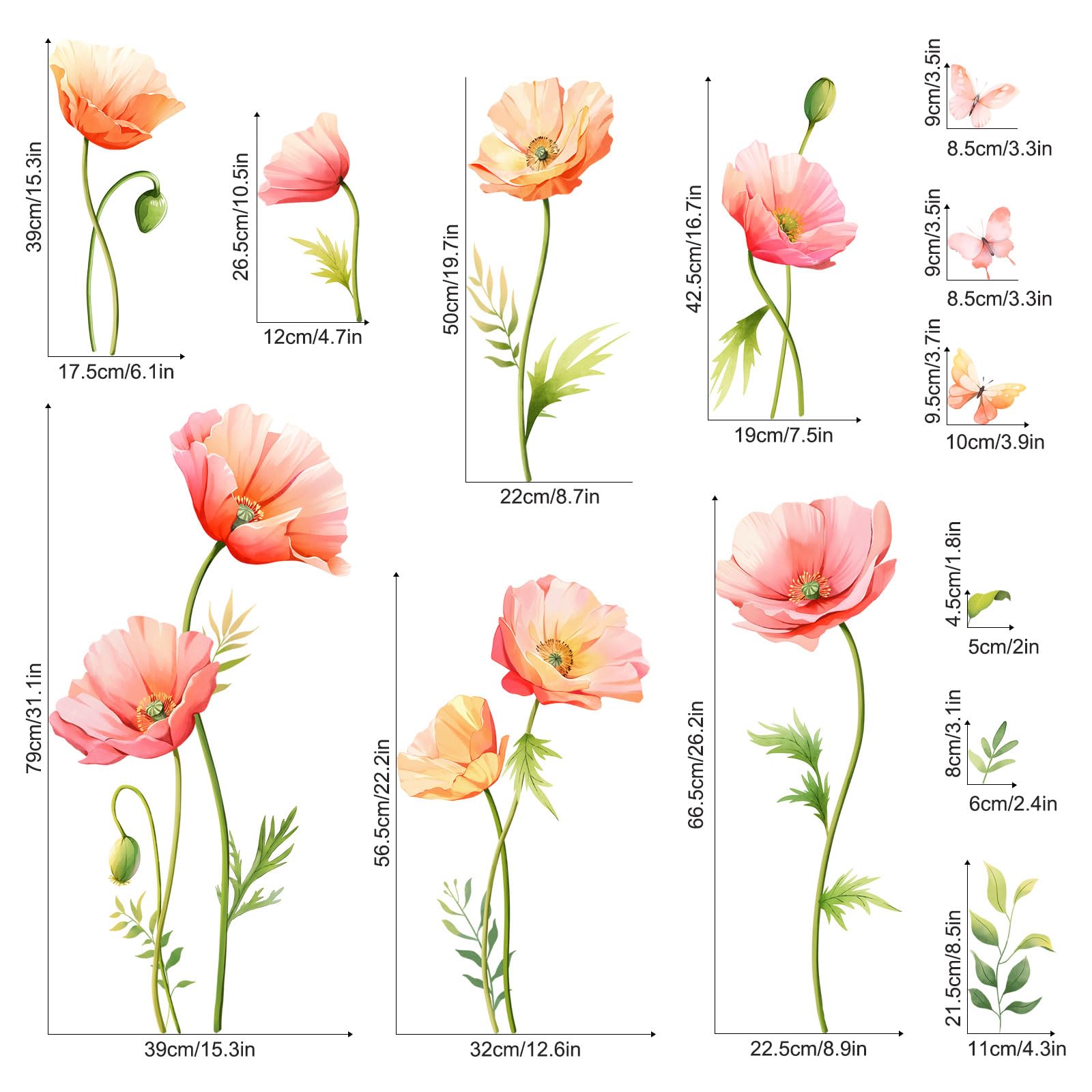 Large Flower Wall Stickers Pink Poppy Butterfly Wall Decals Floral Wall Art Decor for Living Room Bedroom Office TV Sofa Backdrop Home Decor - Image 4