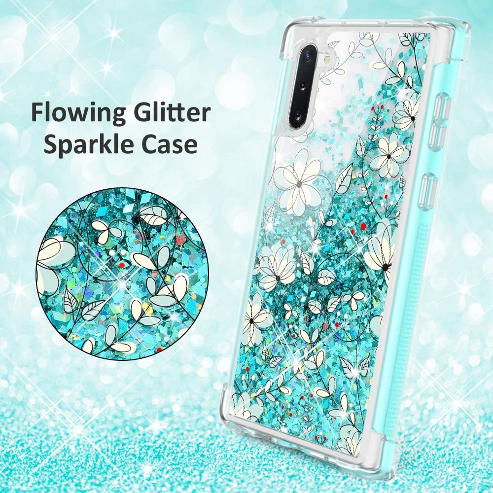 Caka Galaxy Note 10 Case, Note 10 Glitter Floral Full Body Case Bling Sparkly Floating Liquid Flower Girly Girls Women Protective Bumper Case Without Screen Protector for Galaxy Note 10 (Light Blue)