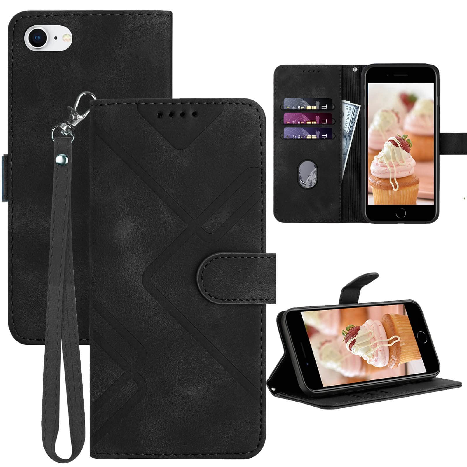 for iPhone SE 2022/SE 2020 Case,iPhone 8/7 Case,6/6S Phone Case Wallet, Card Holder Leather Kick-Stand, Wrist Strap, Magnetic Closure, Shockproof Protective Pattern Flip Cover (Black)