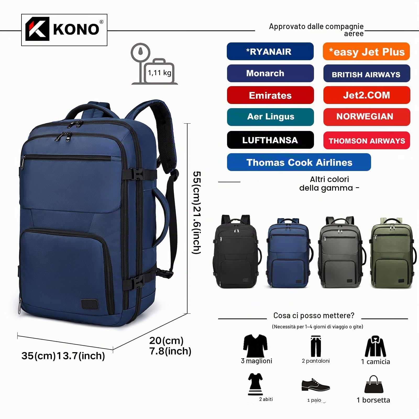 Kono Borsa da cabina 55 x 35 x 20 cm bagaglio a mano zaino da viaggio borsa a tracolla da viaggio 38 l