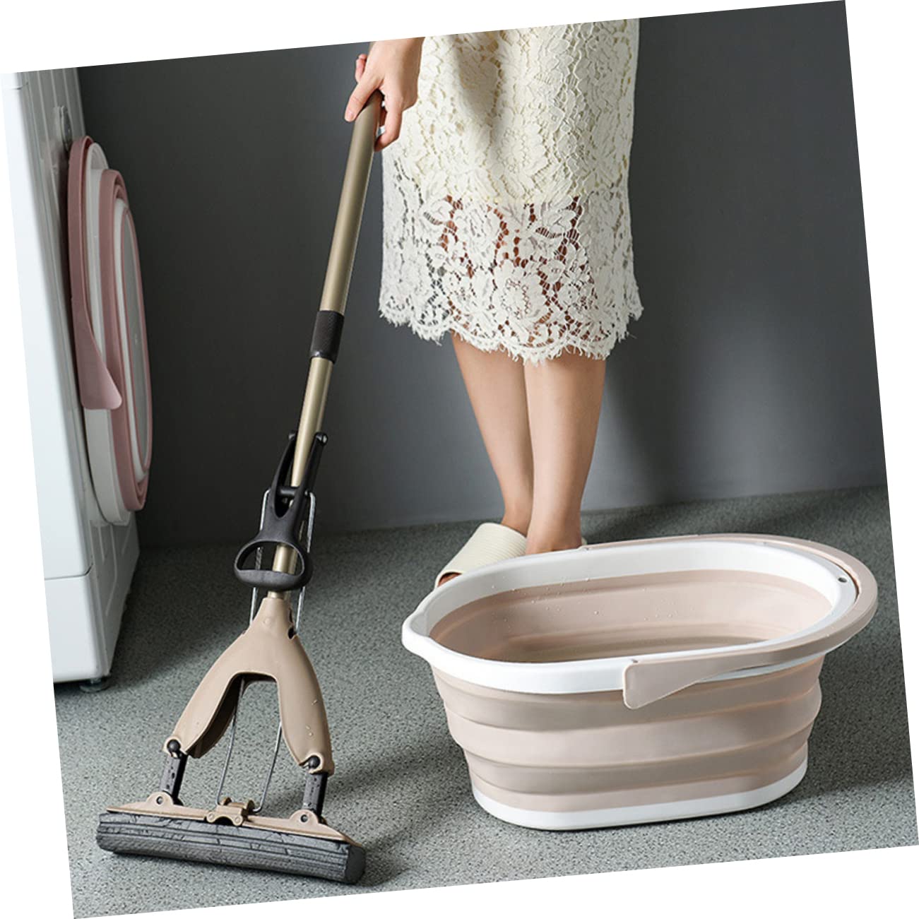 Cubo Fregona Plegable de Plástico PP Beige, Portátil para Limpieza