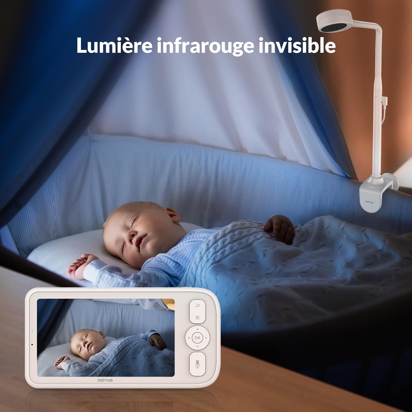 NETVUE Babyphone Caméra Intelligent avec 4 en 1 Support Babyphone, 5" HD Moniteurs Bebe Écran LCD + APP Smartphone, Baby Phone Vidéo sans Fil Audio Bidirectionnel Vision Nocturne Détection des Pleurs
