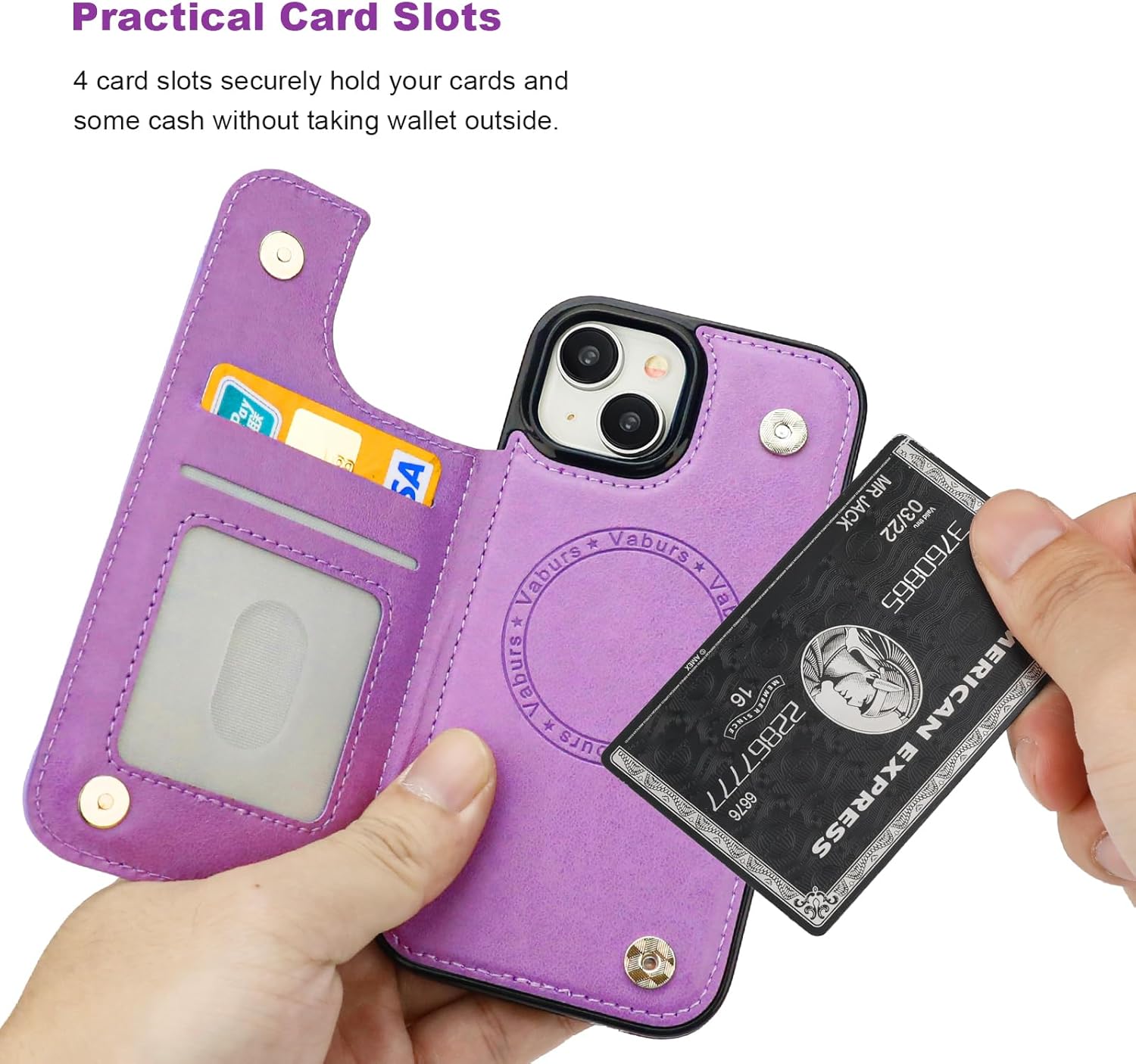 Vaburs for iPhone 15 Case Wallet Compatible with MagSafe Wireless Charging, Card Holder, RFID Embossed Mandala Pattern Flower PU Leather Double Buttons Flip Shockproof Cover for 6.1 Inch (Purple)