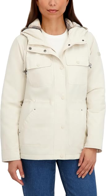 HFX Women's Lightweight Transitional Jacket With Plaid Fleece Lining, Adjustable Hood and Waist
