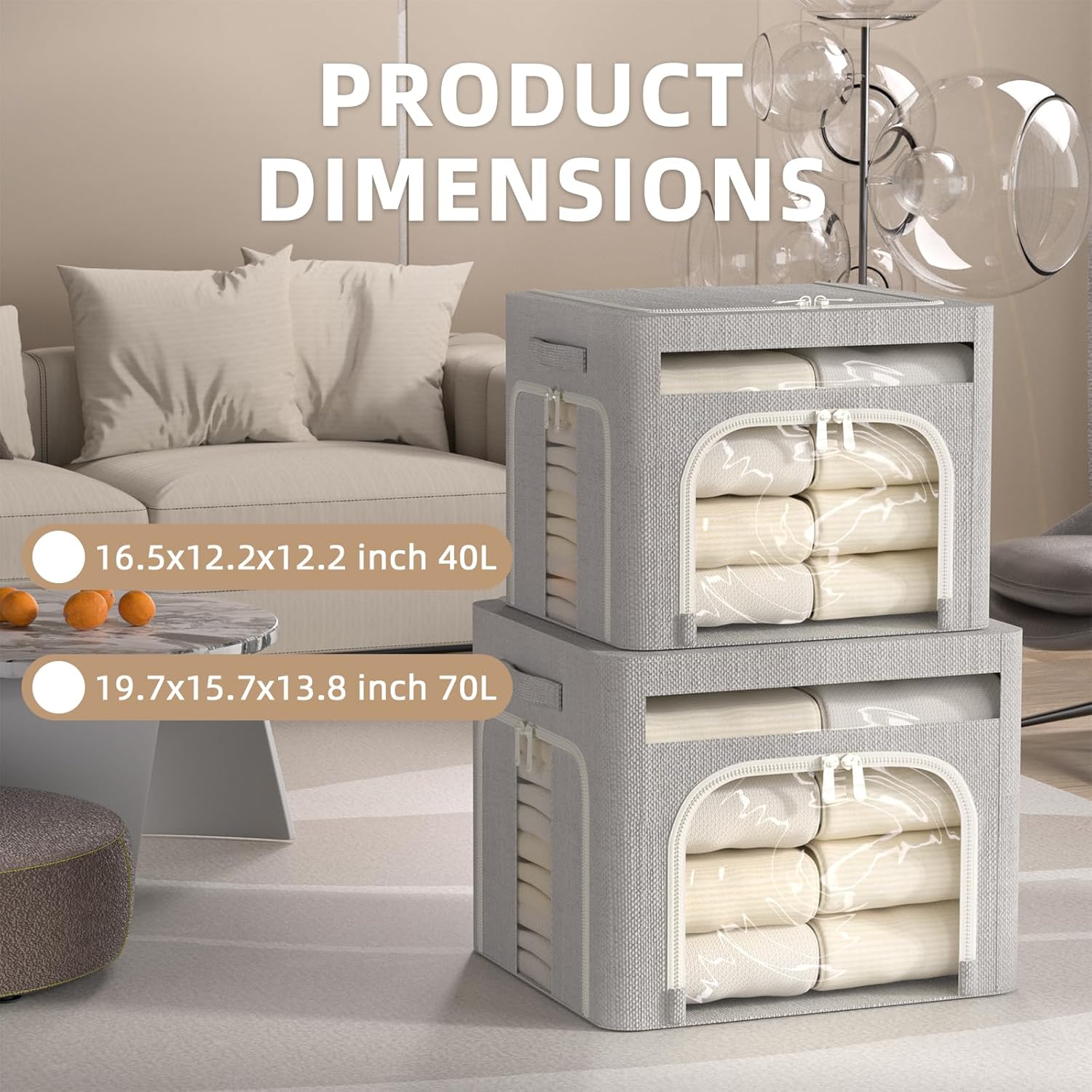 FHSQX 6 Pack Foldable Storage Bins for Clothes Clothes Storage Bins with Metal Frame Stackable Storage Box with Lid (Light Grey, 16.5x12.2x12.2 inch (40L))