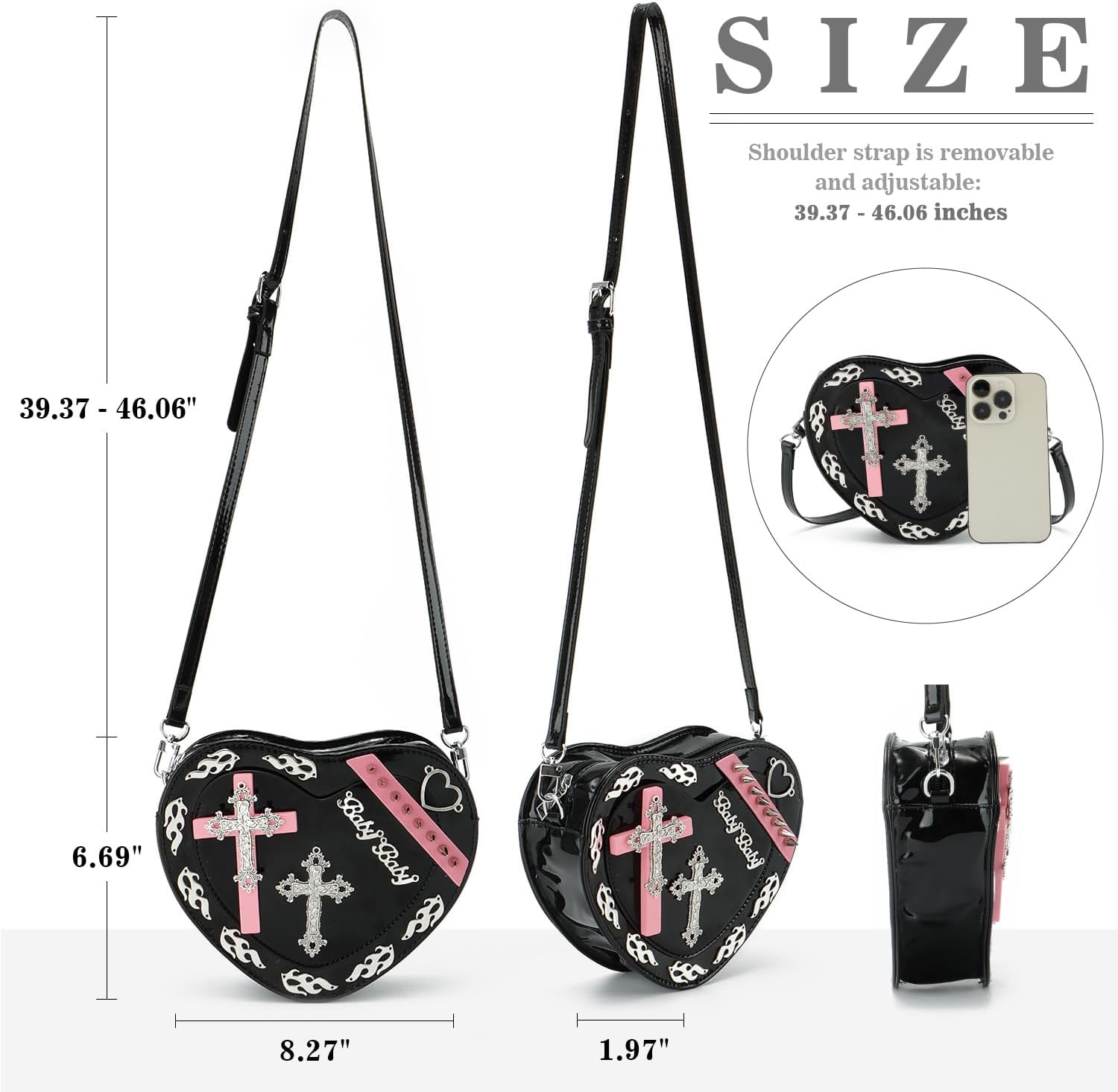 SUKUTU Women Gothic Punk Crossbody Bag Cute Heart Shaped Studded Shoulder Bag Purse | Gothic, Punk, Cute, Heart Shaped, Studded - Image 4