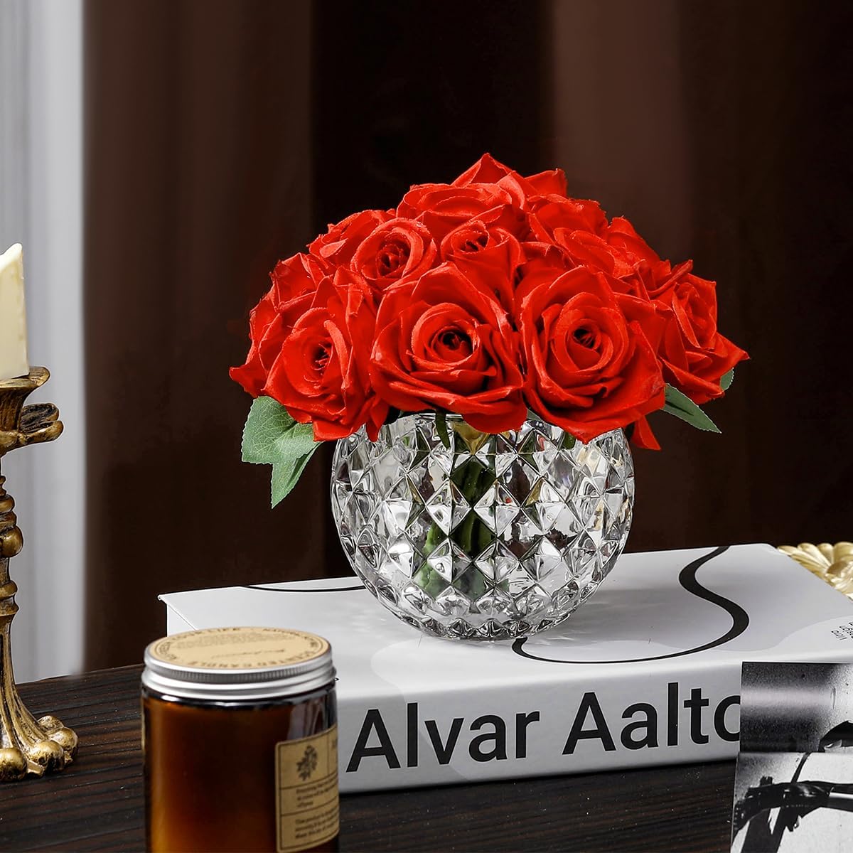 18 Heads Artificial Flowers in Vase with Fake Water, Faux Rose with Vase for Dining Table Bedroom Wedding Decor (Cream)