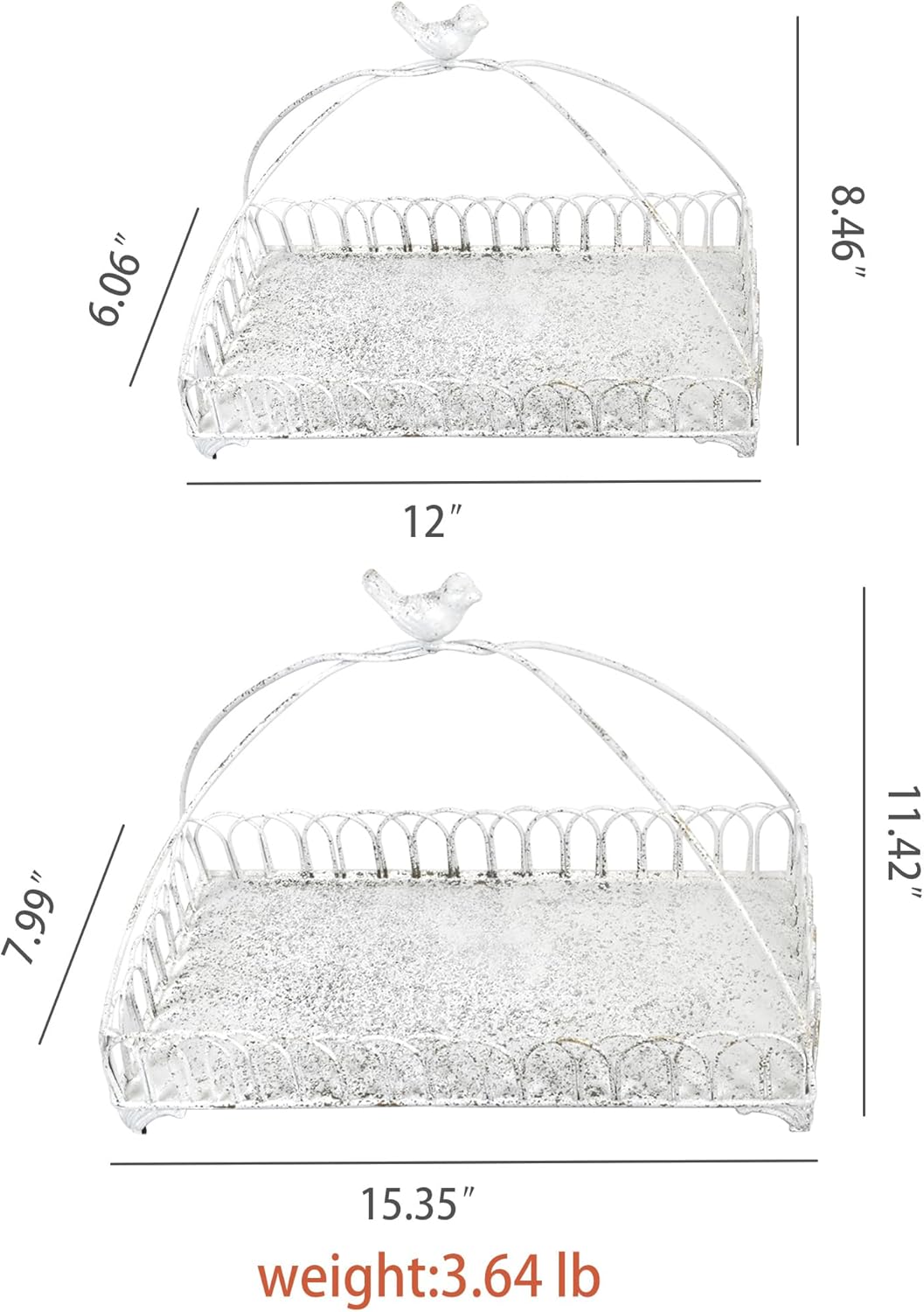 Rustic White Iron Decorative Trays with Bird Handle, Set of 2 Vintage Farmhouse Storage Trays for Home Decor, Bathroom Organizer, Vanity Tray, Living Room & Kitchen Accent Pieces