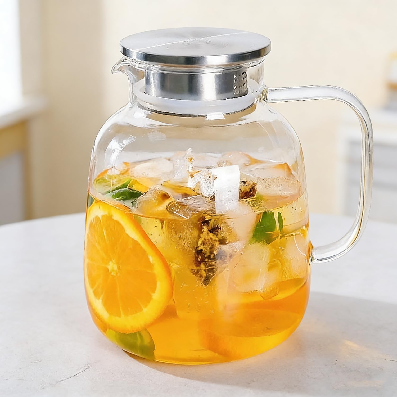 Szklany dzbanek na wodę o dużej pojemności 1850 ml z pokrywką ze stali nierdzewnej, odporny na wysokie temperatury dzbanek ze szkła borokrzemowego do gorącej / zimnej wody, mrożonej herbaty i