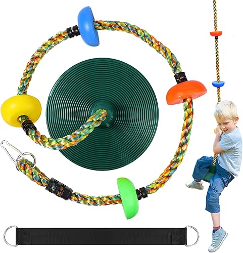 Columpio de árbol para niños, juego de cuerda de escalada de asiento de un solo disco resistente con correa para colgar y mosquetones de plataforma