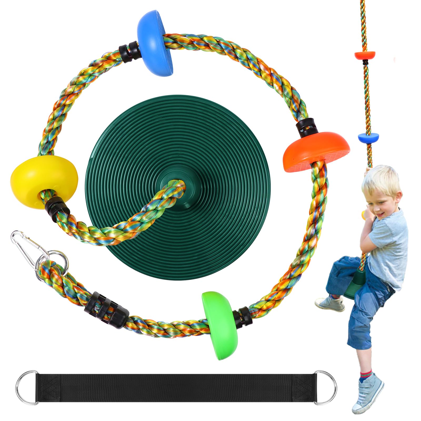 Tree Swing for Kids,Heavy Duty Single Disc Seat Climbing Rope Set with Hanging Strap and Platform Carabiners for Backyard Treehouse and Outdoor