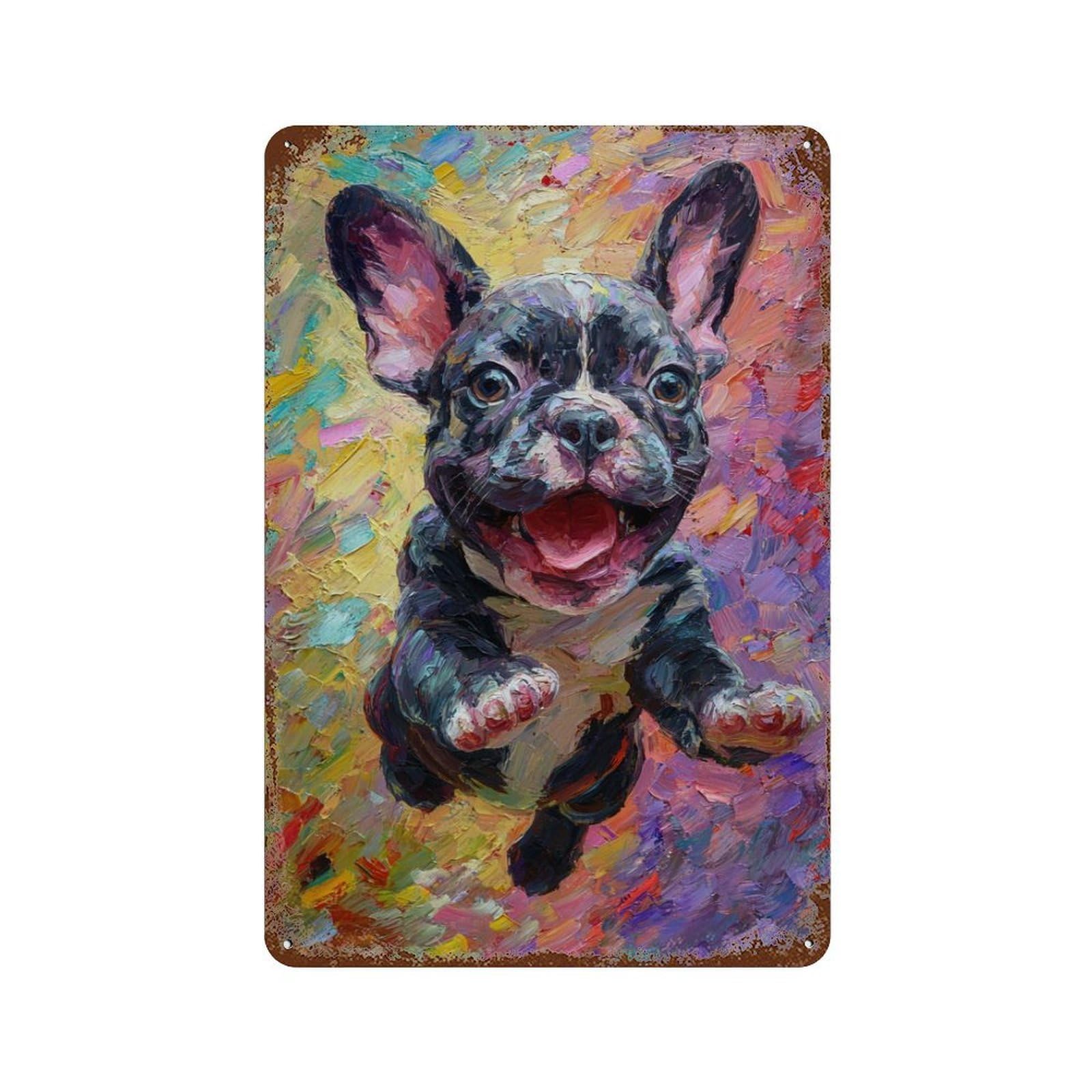 Happy French Bulldog Painting -1 Weathered Tin Sign 11.8"x7.9", Farmhouse Wall Decor for Garage, Pub Or Kitchen