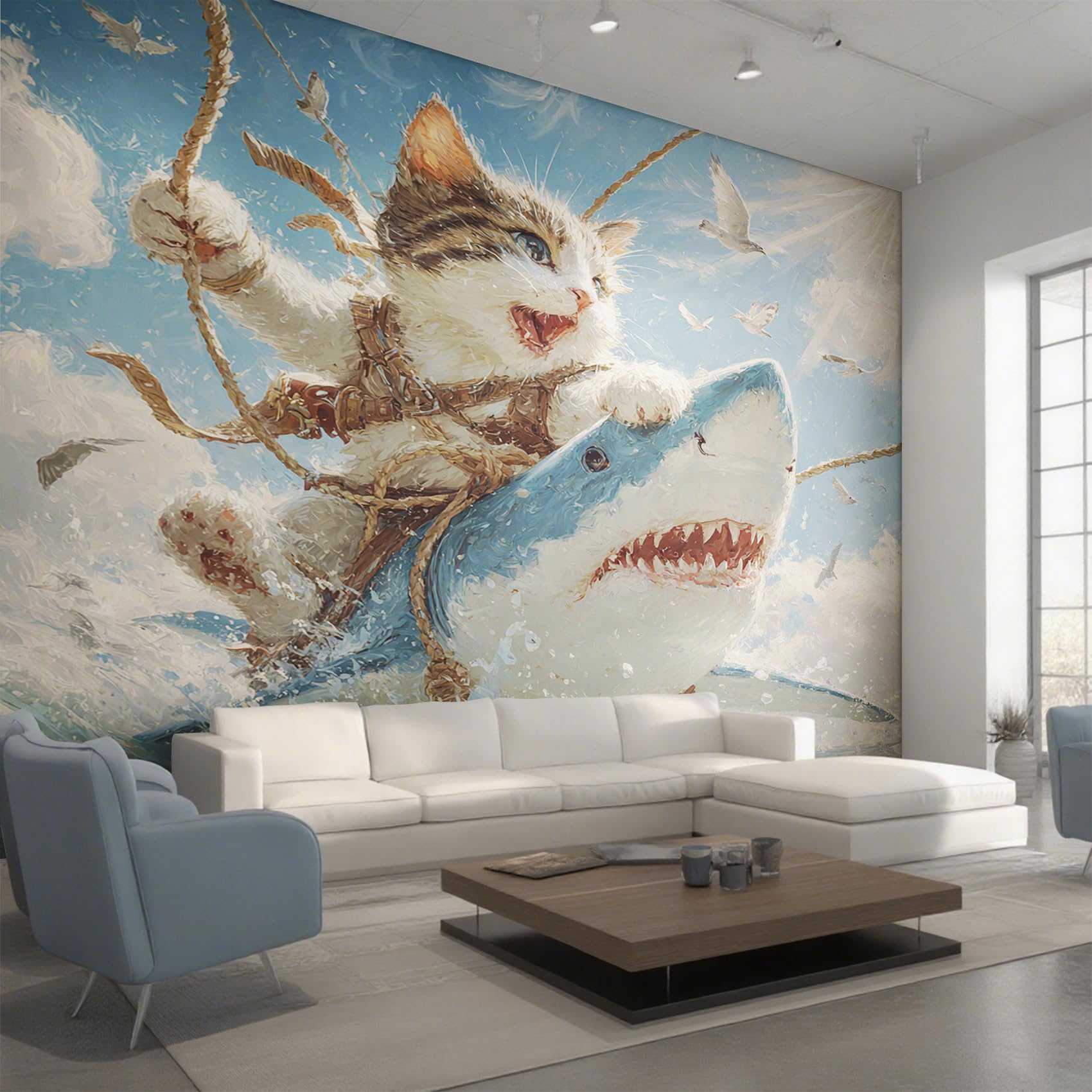 Papier peint panoramique chat amusant : masquez les défauts du mur avec humour