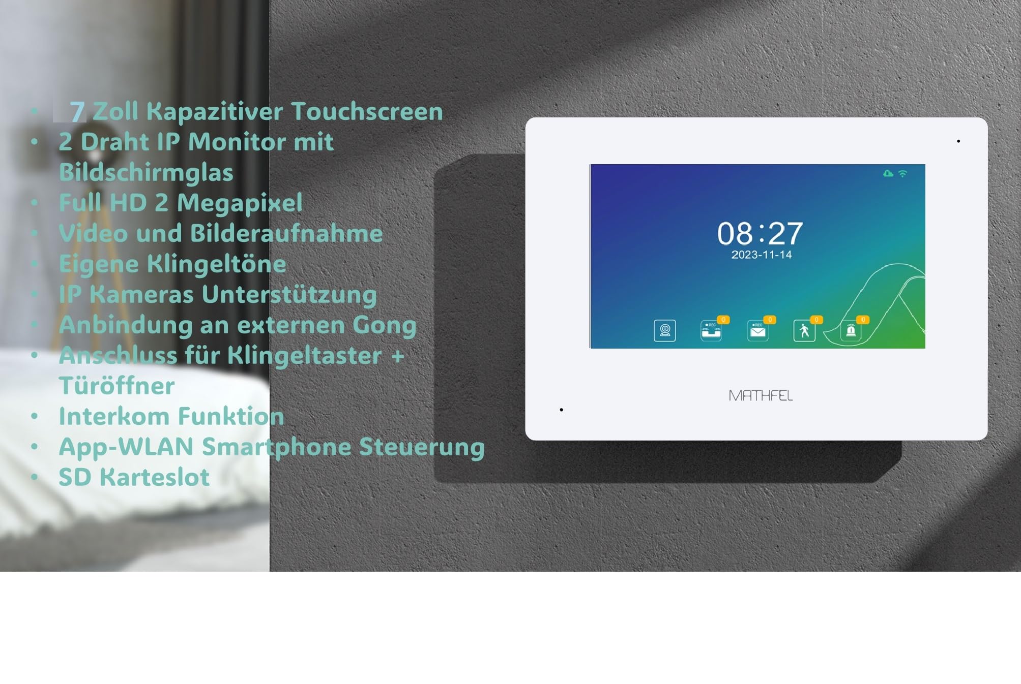 Mathfel 3 Familienhaus - 2 Draht Bus IP - Video Türsprechanlage mit Full HD Kamera, in RAL7016 Anthrazit, 3X 7'' Monitor in weiß, Touchscreen