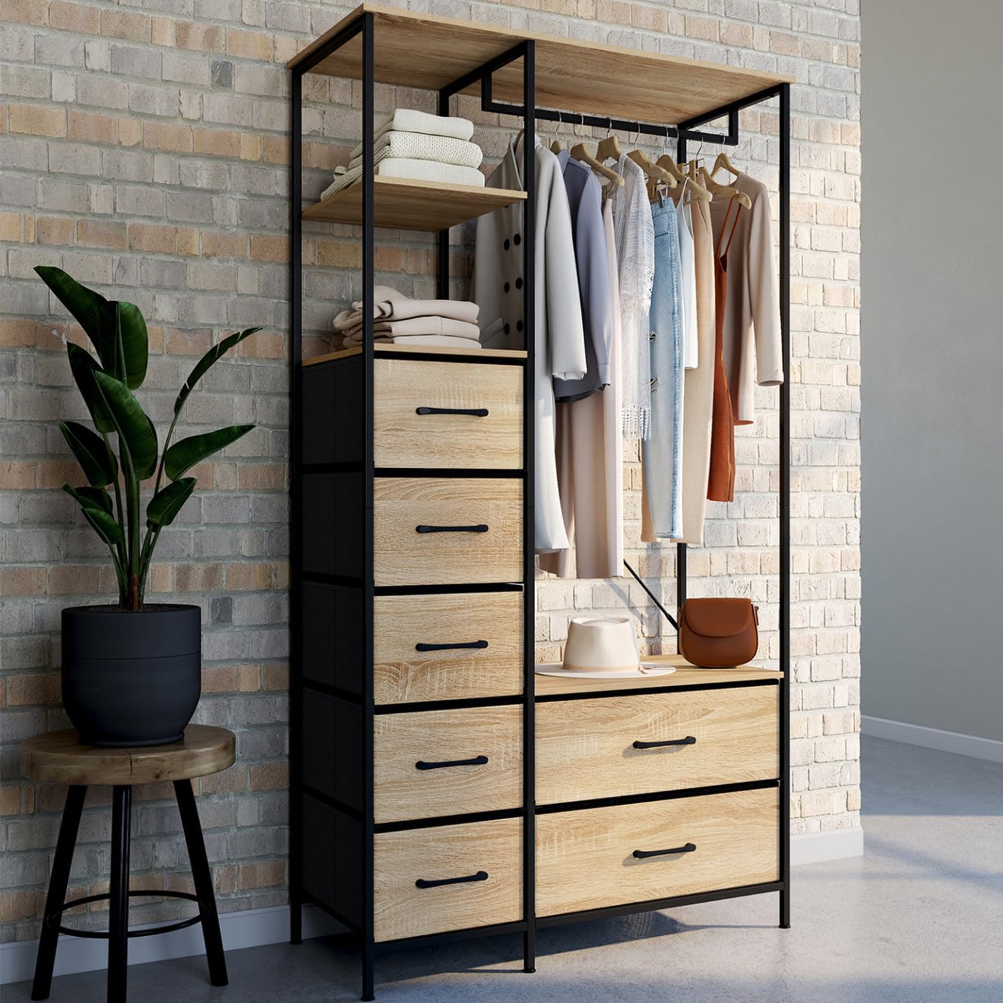 IDMarket - Armario de vestidor + columna B. 90 cm UTAH con 2 estantes y 7 contenedores de tela en madera y negro