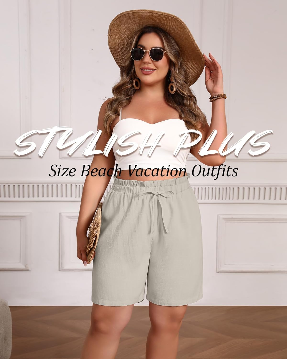 Evervibe 2 Pack Women Plus Size Linen Shorts Summer Casual Bermuda Ruffle Waist Lightweight Drawstring Loose with Pockets
