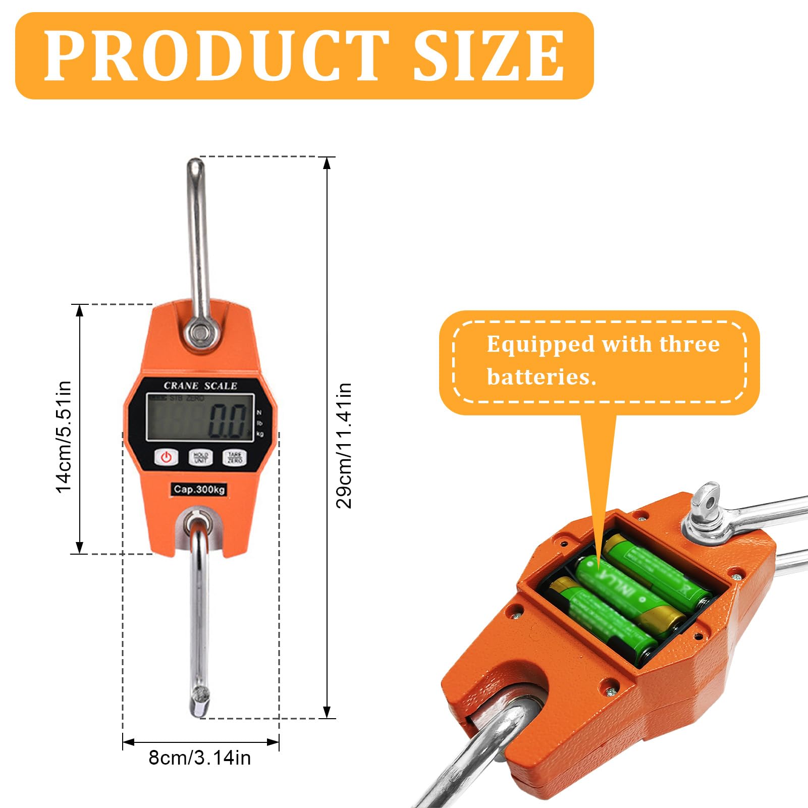 Kranwaage Digital Hängewaage Hakenwaage Kofferwaage Digital mit Haken Gepäckwaage Tragbare Wildwaage Fischwaage 300kg, LCD Display N/lbs/kg, Gelb