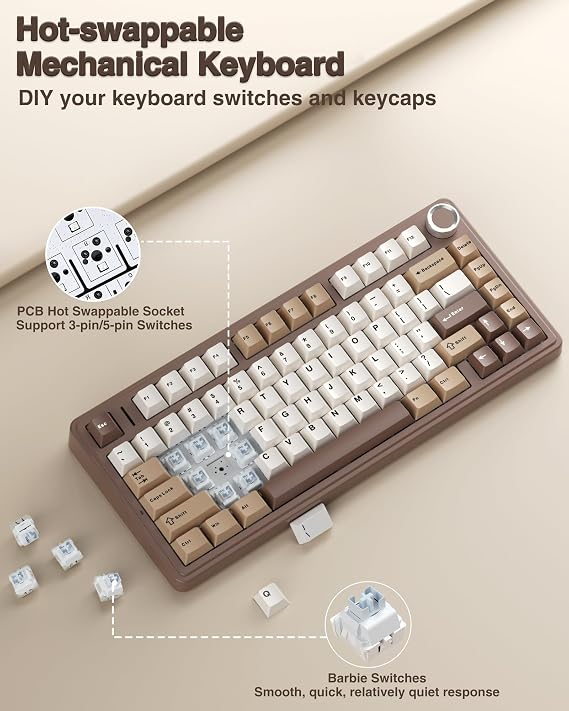 AULA F75 75% Wireless Mechanical Keyboard,2.4Ghz/Type-C/BT5.0 Gaming Keyboards,Advanced Structure,RGB Backlight,Creamy Sound,Hot Swappable Custom Keyboard for PC/Mac (Mocha)