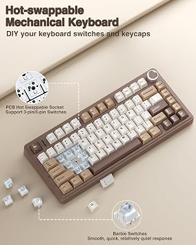 AULA F75 75% Wireless Mechanical Keyboard,2.4Ghz/Type-C/BT5.0 Gaming Keyboards,Advanced Structure,RGB Backlight,Creamy Sound,Hot Swappable Custom Keyboard for PC/Mac (Mocha)